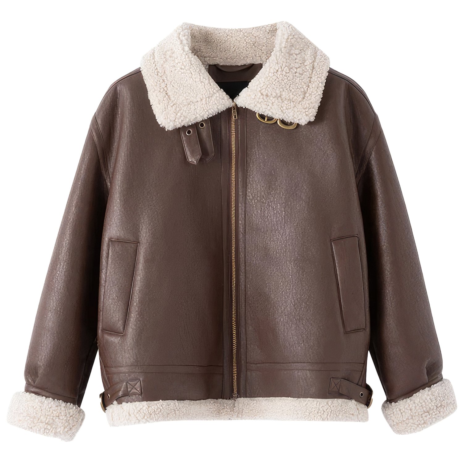 Women’s auburn sheepskin bomber jacket front view