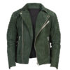 Men's olive green suede motorcycle jacket front view
