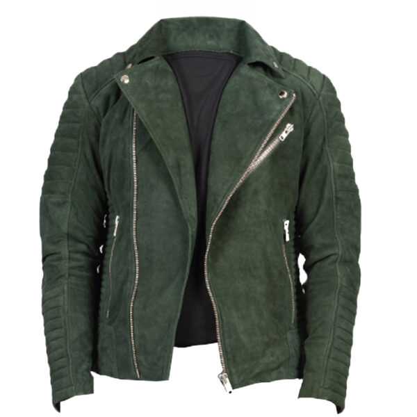Men's olive green suede motorcycle jacket front view