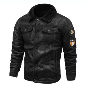 Distressed black sheepskin leather jacket - front view