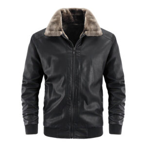 Men's black sheepskin bomber jacket front view