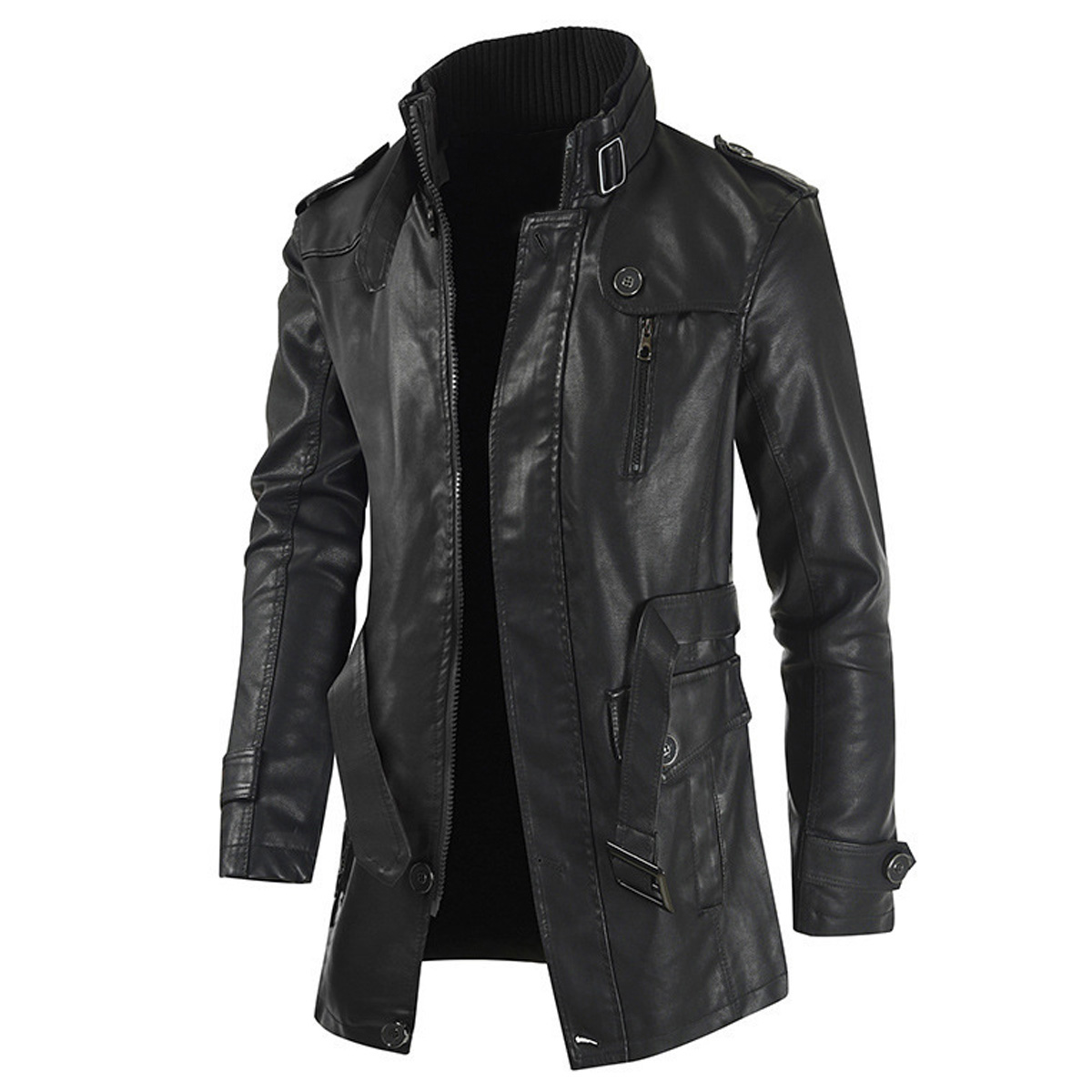 Men's black sheepskin motorcycle jacket with stand collar