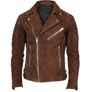 Men’s Mocha Brown Goatskin Suede Leather Jacket – Front View with Notch Collar & Zipper Closure