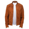 Men's Brown Goatskin Suede Leather Jacket – Front View with Knit Rib Collar