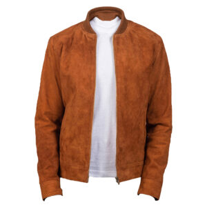 Men's Brown Goatskin Suede Leather Jacket – Front View with Knit Rib Collar