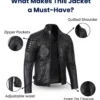 Black Cafe Racer Leather Jacket – Front Zip View with Snap Collar