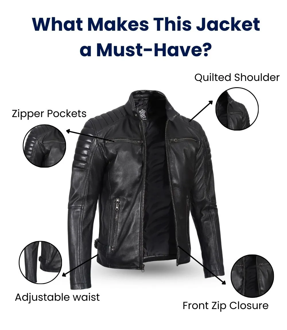 Black Cafe Racer Leather Jacket – Front Zip View with Snap Collar