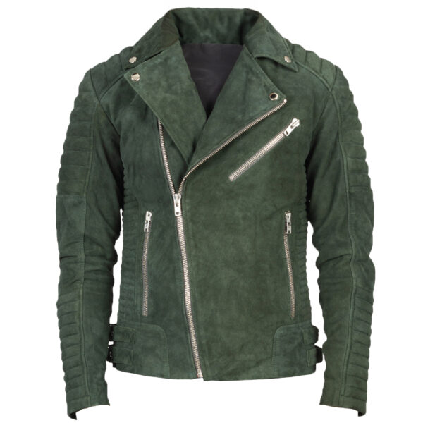 Men's olive green suede motorcycle jacket front view