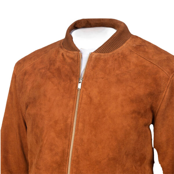 Men's Brown Goatskin Suede Leather Jacket – Front View with Knit Rib Collar