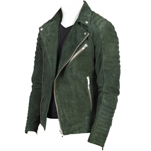Men's olive green suede motorcycle jacket side view