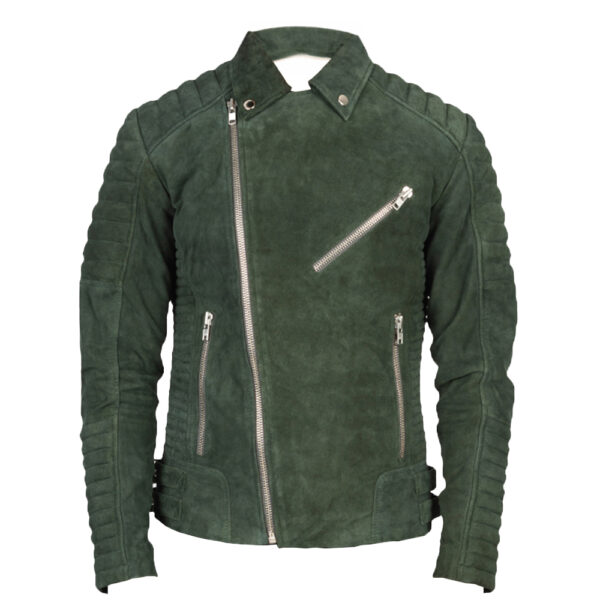Men's olive green suede motorcycle jacket front view