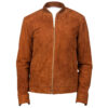 Men's Brown Goatskin Suede Leather Jacket – Front View with Knit Rib Collar