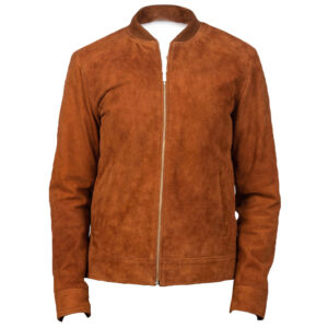 Men's Brown Goatskin Suede Leather Jacket – Front View with Knit Rib Collar