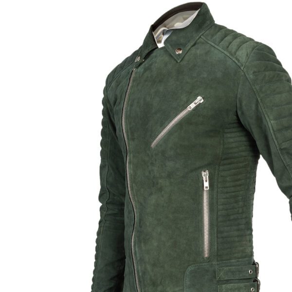 Men's olive green suede motorcycle jacket side view