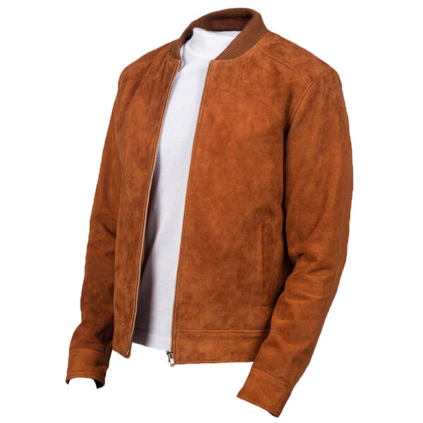 Men's Brown Goatskin Suede Leather Jacket – Front View with Knit Rib Collar