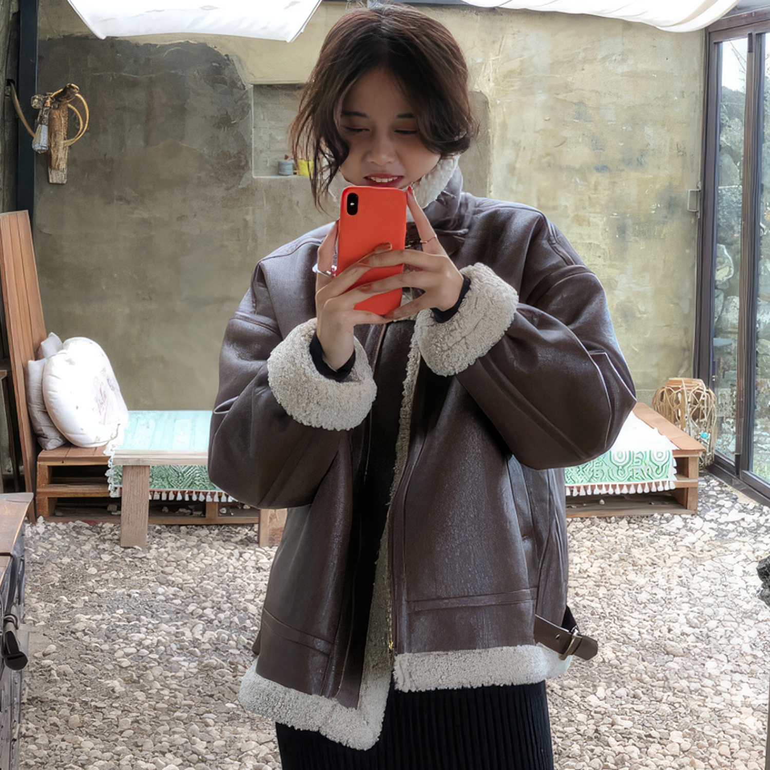 Women’s auburn sheepskin bomber jacket front view