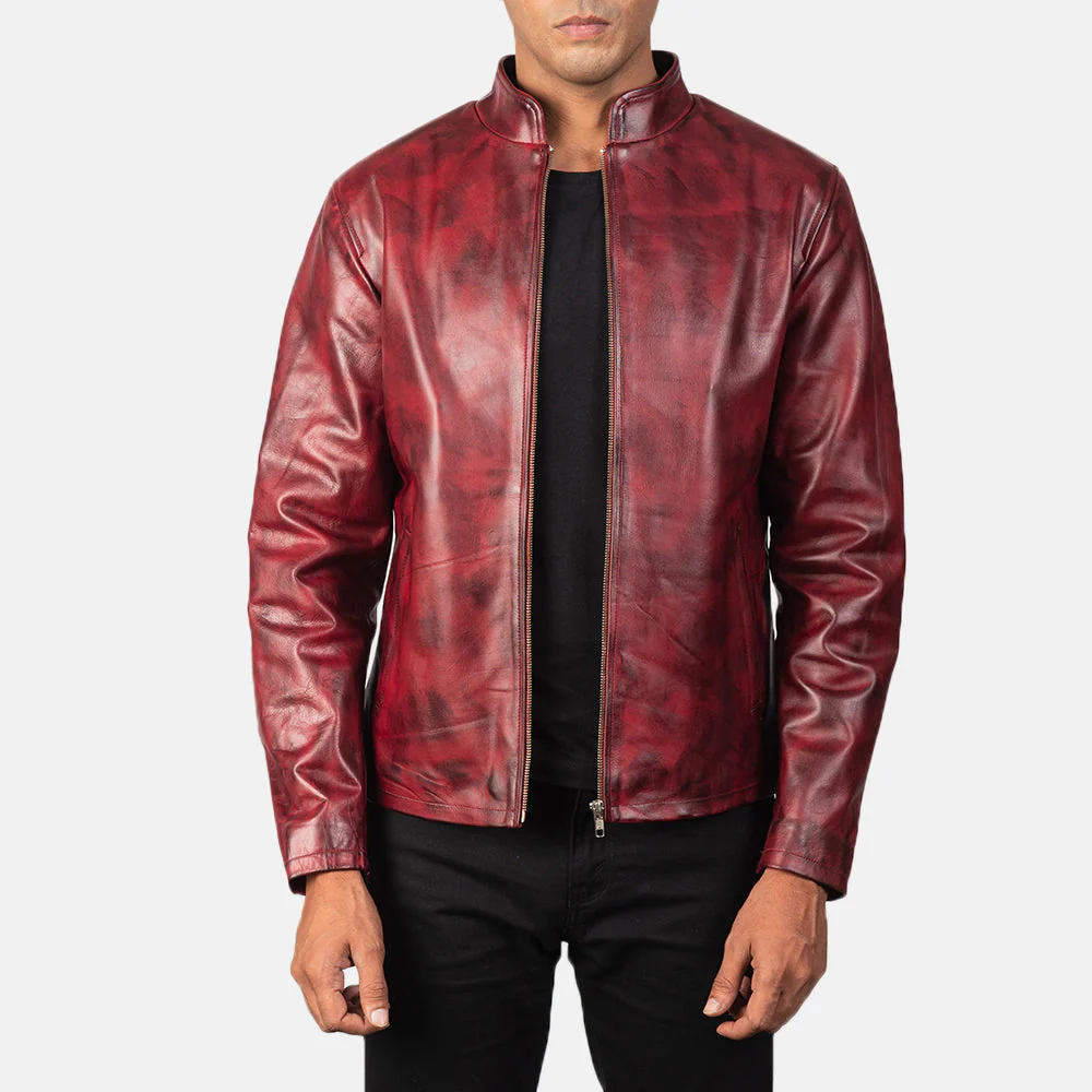 Alex Burgundy Distressed Leather Jacket - Front View