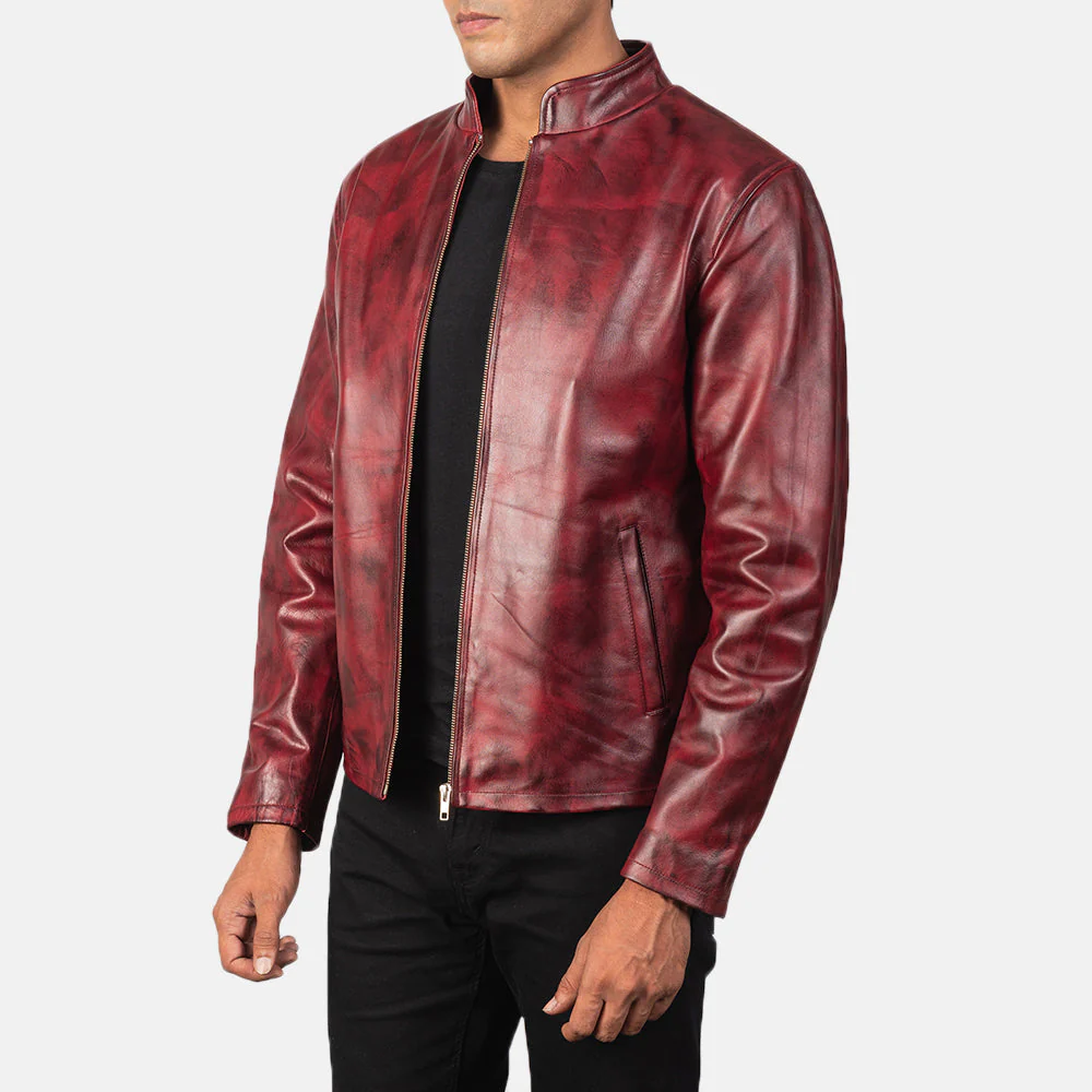 Alex Burgundy Distressed Leather Jacket - Front View