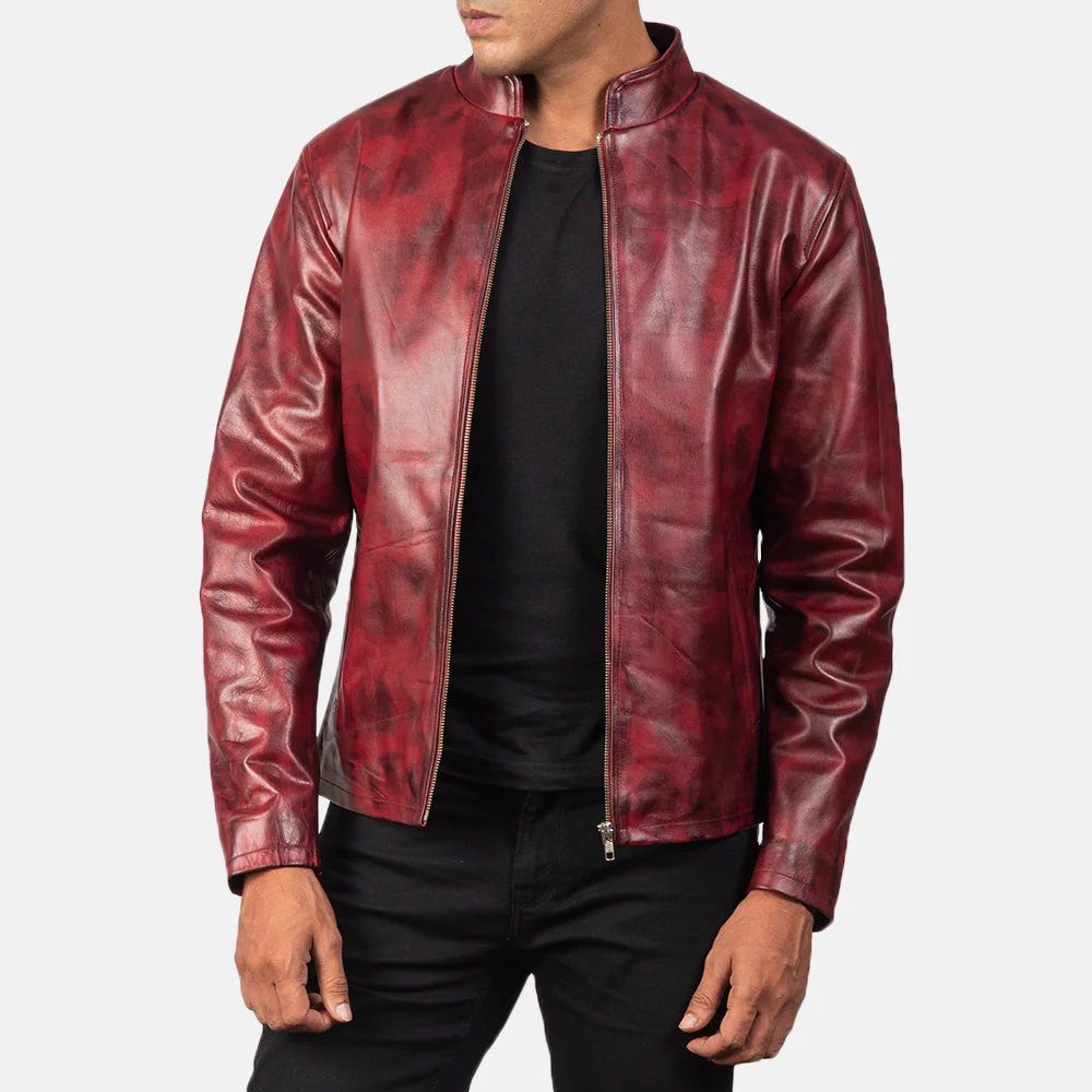 Alex Burgundy Distressed Leather Jacket - Front View
