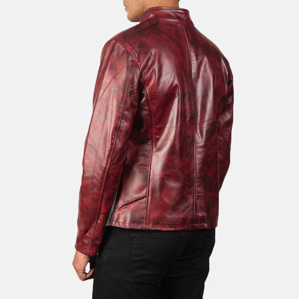 Alex Burgundy Distressed Leather Jacket - Back View