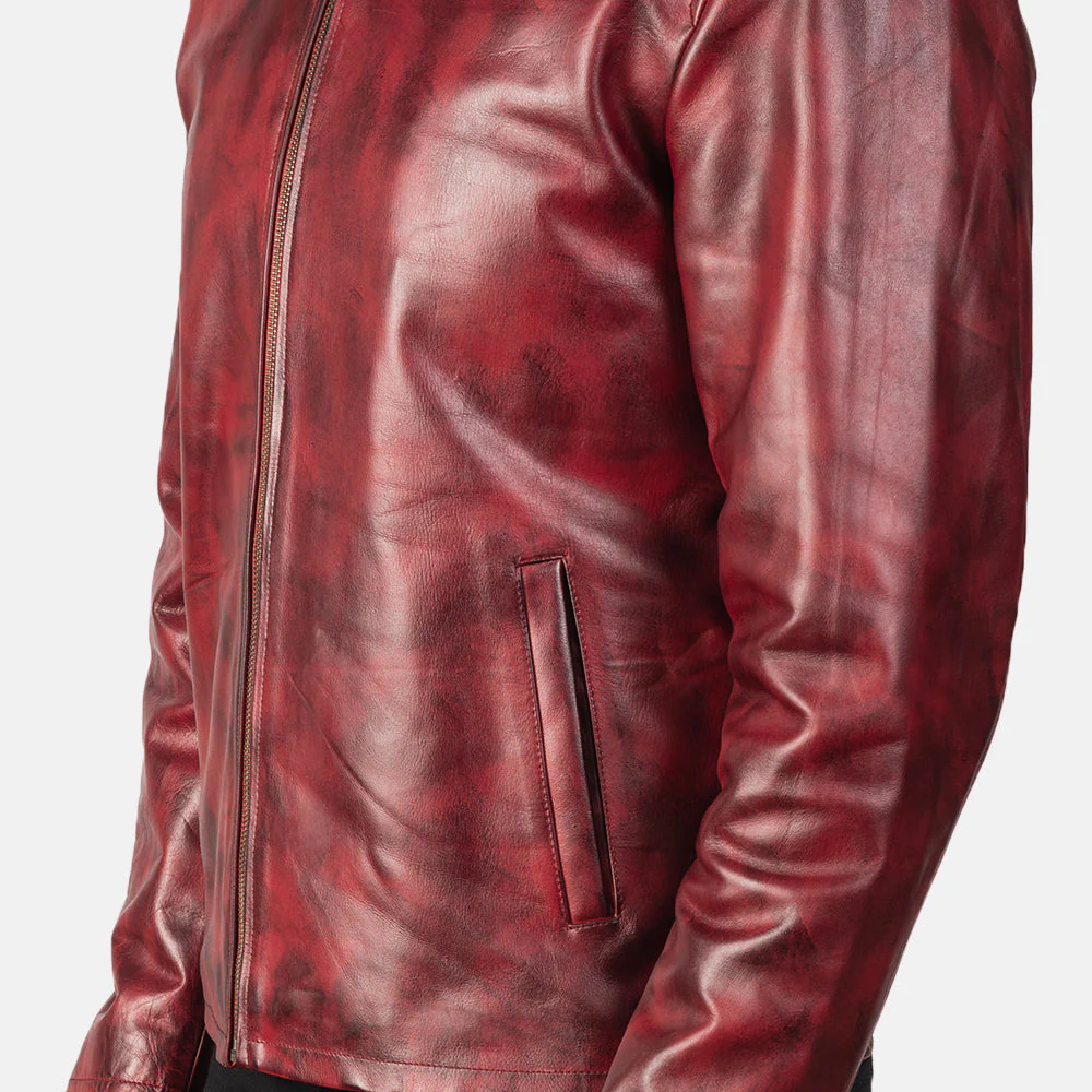 Alex Burgundy Distressed Leather Jacket - Front View