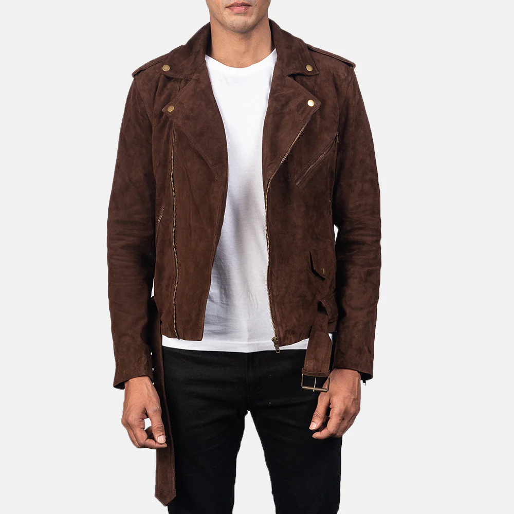 Notch Collar and Zipper Closure on Suede Leather Jacket