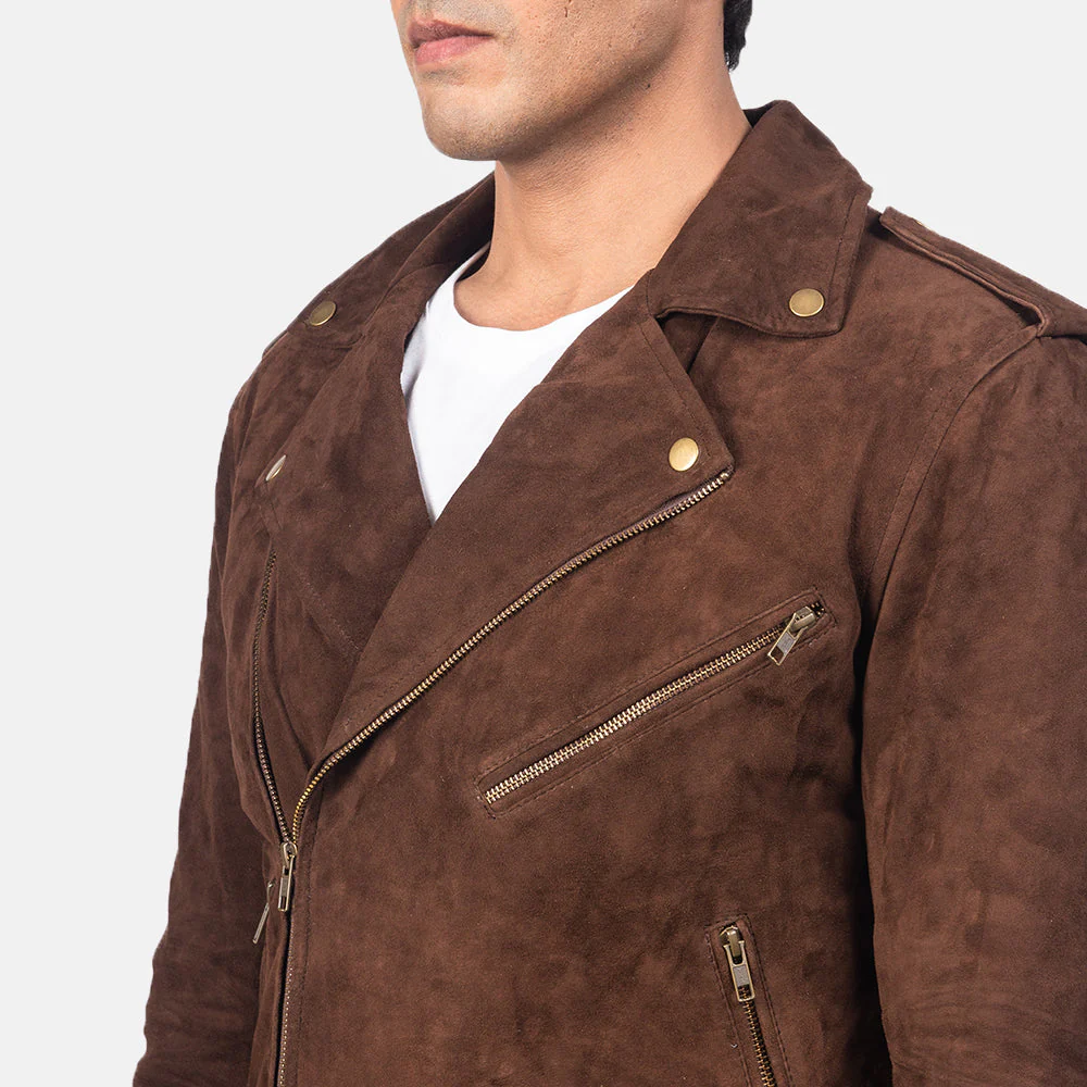 Notch Collar and Zipper Closure on Suede Leather Jacket