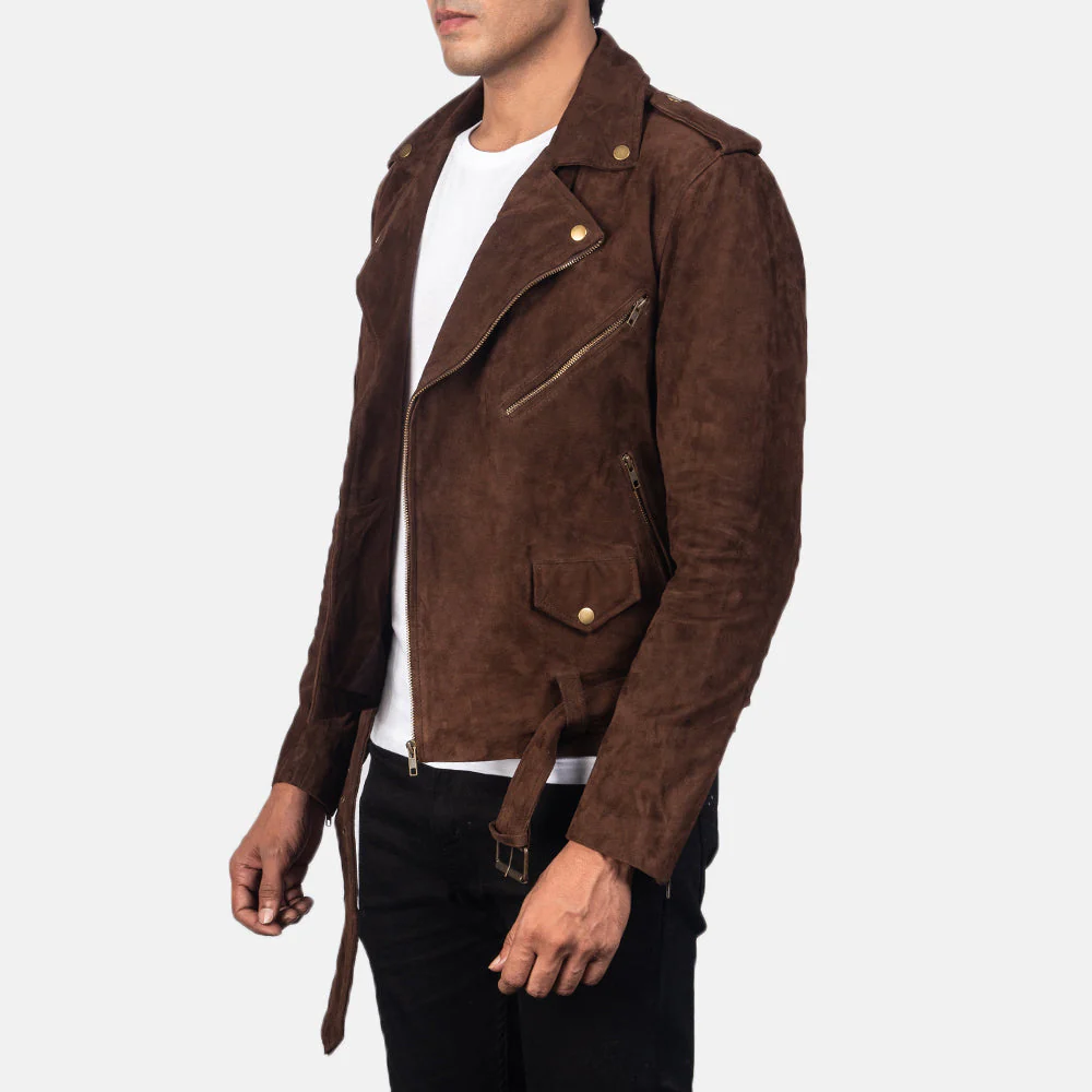 Notch Collar and Zipper Closure on Suede Leather Jacket