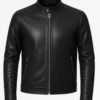 Owen Black Café Racer Leather Jacket – Front View with Snap-Tab Collar
