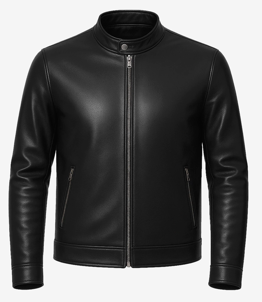Owen Black Café Racer Leather Jacket – Front View with Snap-Tab Collar