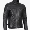 Black Cafe Racer Leather Jacket – Front Zip View with Snap Collar