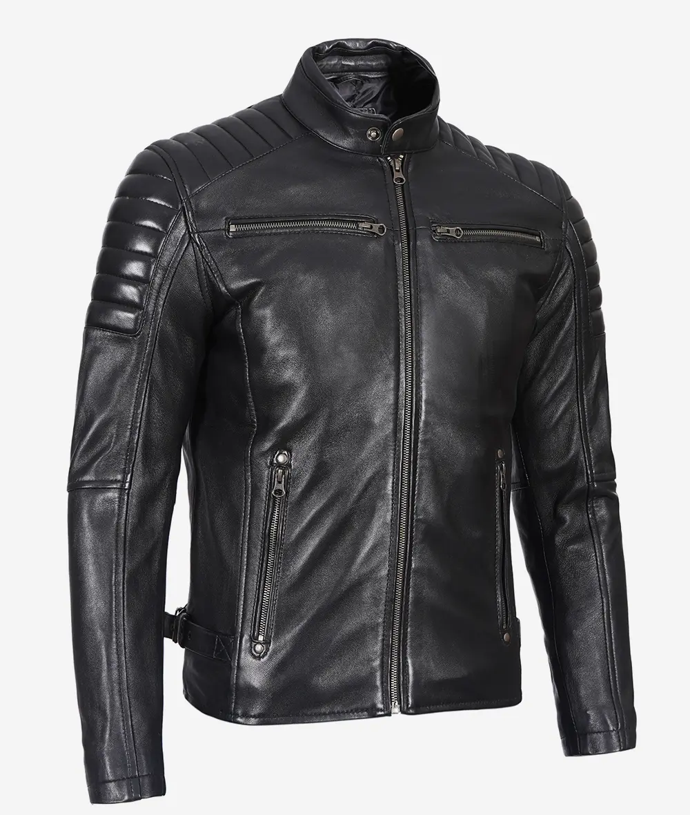 Black Cafe Racer Leather Jacket – Front Zip View with Snap Collar