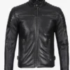 Black Cafe Racer Leather Jacket – Front Zip View with Snap Collar