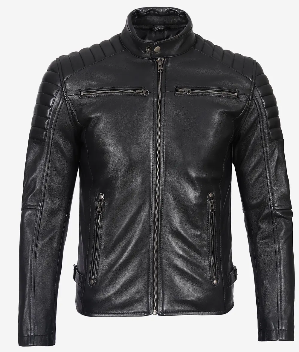 Black Cafe Racer Leather Jacket – Front Zip View with Snap Collar