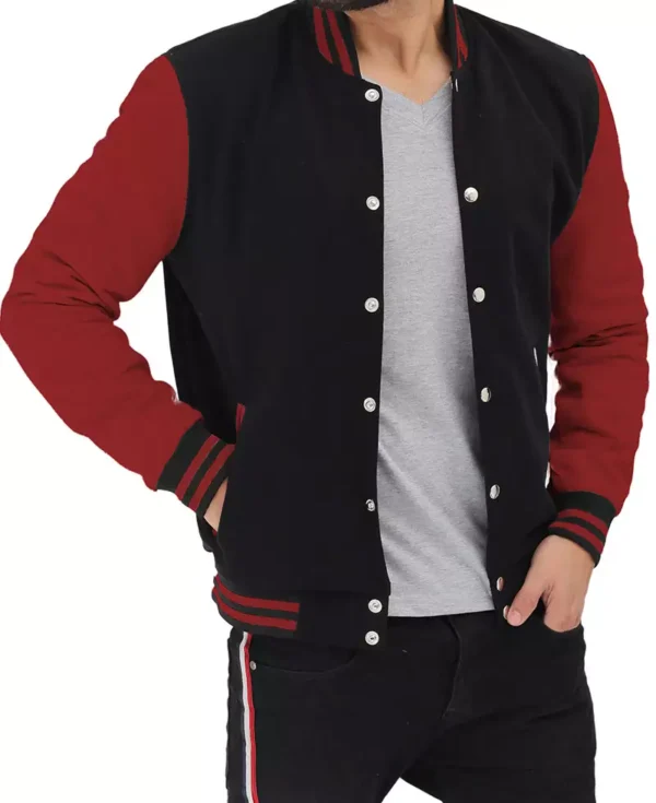 Black and Maroon Varsity Jacket – Front View with Snap Buttons