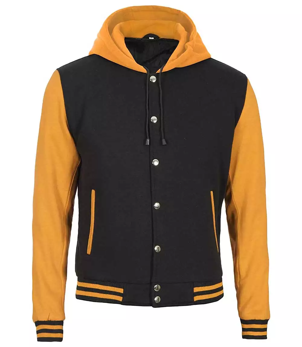 Black and Yellow Varsity Jacket with Hood – Front View