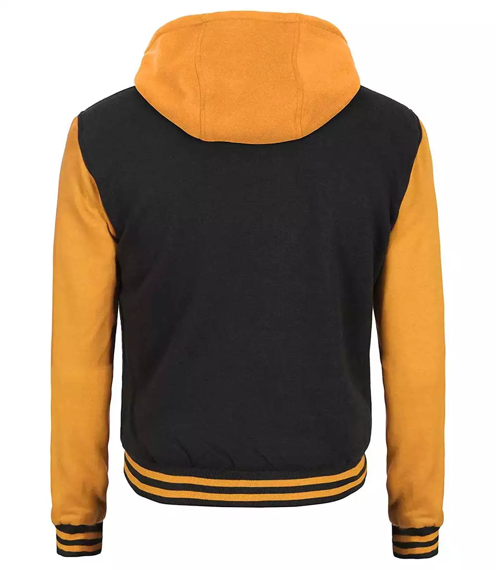 Black and Yellow Varsity Jacket with Hood – Back View