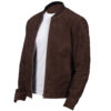 Men's dark brown suede bomber jacket side view