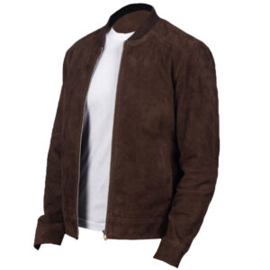Men's dark brown suede bomber jacket side view