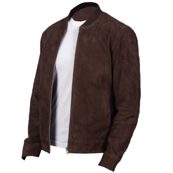Men's dark brown suede bomber jacket side view