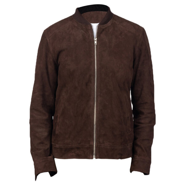 Men's dark brown suede bomber jacket front view