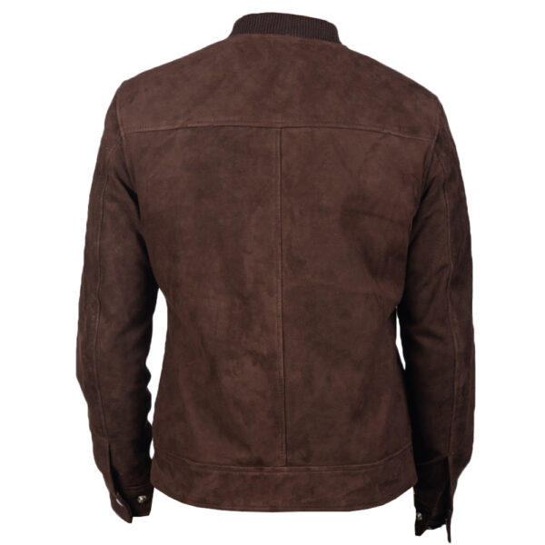 Men's dark brown suede bomber jacket back view