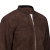 Men's dark brown suede bomber jacket closeup view