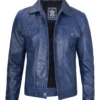 Blue Leather Trucker Jacket – Button Front with Shirt Collar