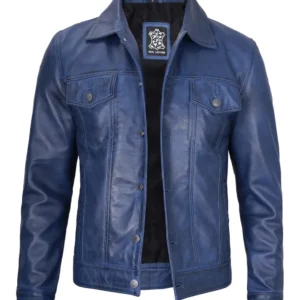 Blue Leather Trucker Jacket – Button Front with Shirt Collar