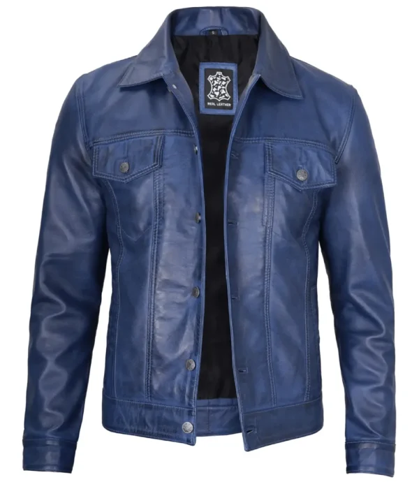 Blue Leather Trucker Jacket – Button Front with Shirt Collar