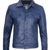 Blue Leather Trucker Jacket – Button Front with Shirt Collar