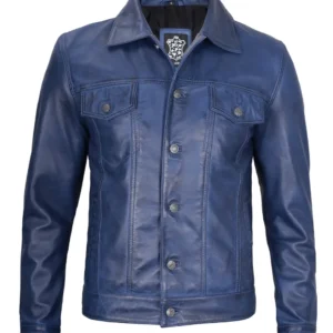 Blue Leather Trucker Jacket – Button Front with Shirt Collar
