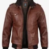 Brown Leather Bomber Jacket – Front View with Removable Hood