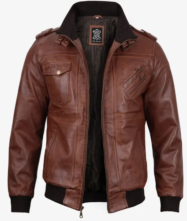 Brown Leather Bomber Jacket – Front View with Removable Hood